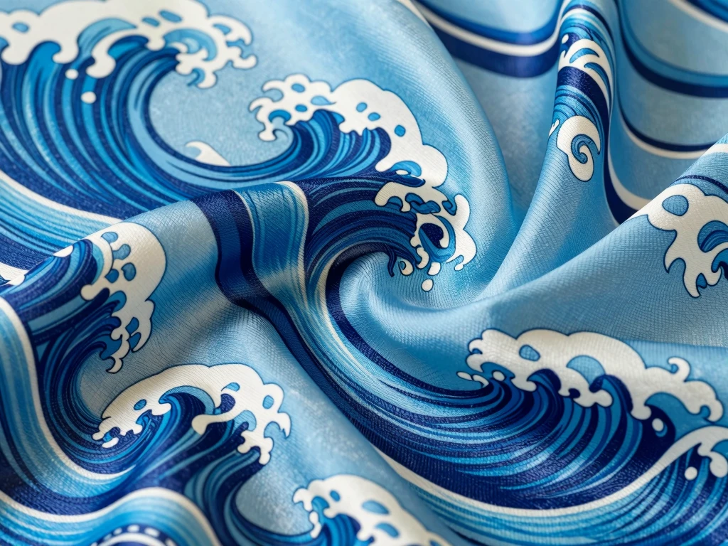 Luxury silk scarf with ocean wave patterns in blue tones