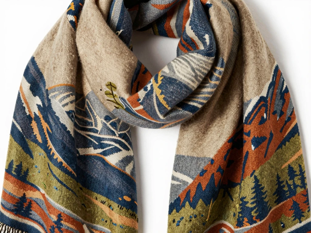 Merino wool scarf with mountain landscape design