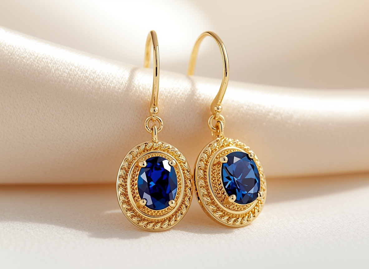 Gold drop earrings with blue sapphires